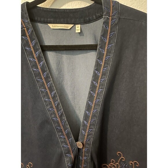 Soft Surroundings Stretch Denim Embroidery Tunic Jacket Sz PM Boho Button Front - Picture 2 of 11